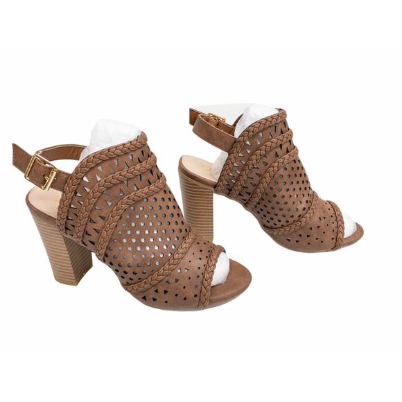 Brown Perforated Braided Peep Toe Block Heel Western Singback Sandals 7.5 - Picture 5 of 12